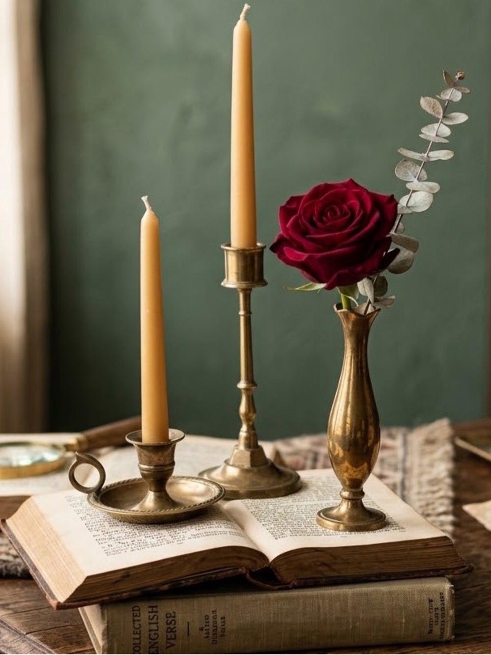 Moody VTG Brass Taper Candle Holders and Anthropologie Style Bud Vase-3pc Set